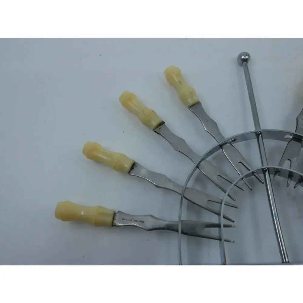 2 Vintage Cocktail Forks Beige Plastic Bamboo Tiki Style & Holder